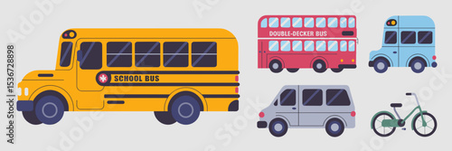 Vector icon sheet of labeled school transportation vehicles – Perfect for instructional posters, teaching tools, or transit-related apps