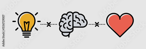 Vector icon illustration linking lightbulb, brain, and heart with lines – Suitable for mental health, emotional intelligence, or cognitive wellness content.