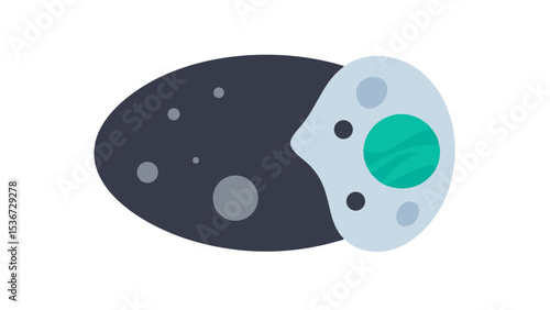 Asteroid orbiting planet in a vibrant cosmic scene with colorful features and a dark background