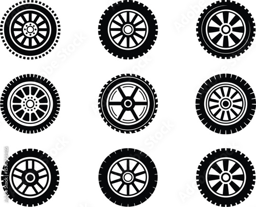 Collection of Nine Different Black and White Car Wheel Icons on a White Background