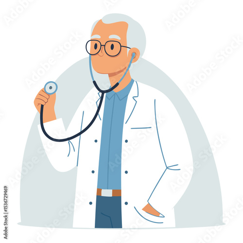 flat vector of elderly doctor using stethoscope