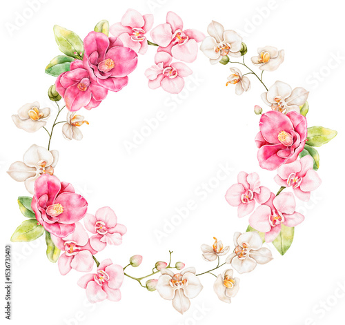 Watercolor cute gentle floral wreath with camellias and orchids in soft pink tones. Hand painted round frame perfect for wedding cards, seasonal designs and elegant print projects