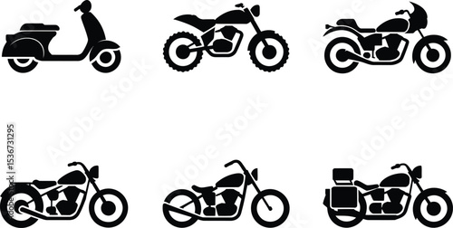 Collection of Motorcycle and Scooter Silhouette Icons on White Background for Design