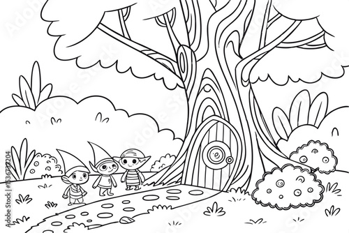 coloring page for kids, a magical clearing in a forest where a large, ancient tree has a glowing, swirling portal in its trunk, friendly magical creatures like fairies and gnomes are peeking out, bold