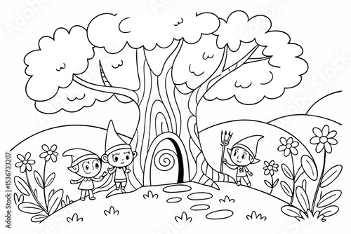 coloring page for kids, a magical clearing in a forest where a large, ancient tree has a glowing, swirling portal in its trunk, friendly magical creatures like fairies and gnomes are peeking out, bold