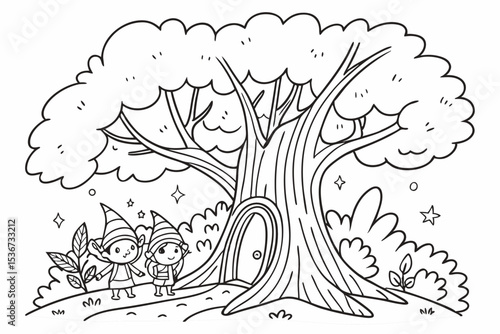 coloring page for kids, a magical clearing in a forest where a large, ancient tree has a glowing, swirling portal in its trunk, friendly magical creatures like fairies and gnomes are peeking out, bold