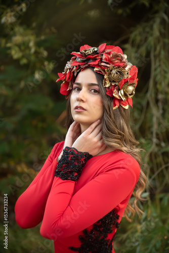 A woman with a flower headdress portrait in nature