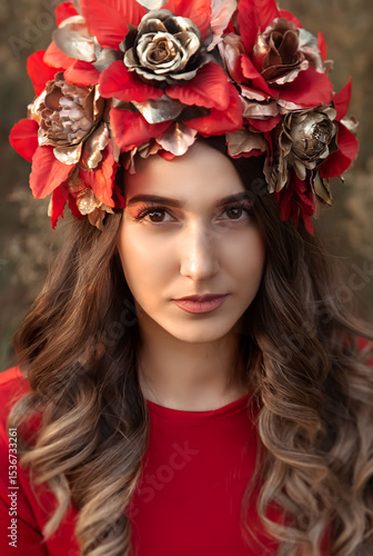 Portrait of a beautiful woman with a flower headdress