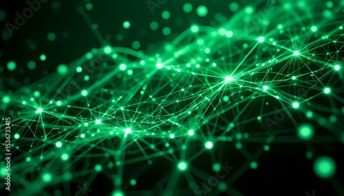 Digital Green Tech Network Mesh with Glowing Nodes and Particle Blur