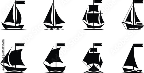 Set of Silhouette Boat Icons Sailing Vessels and Merchant Ships on White Background