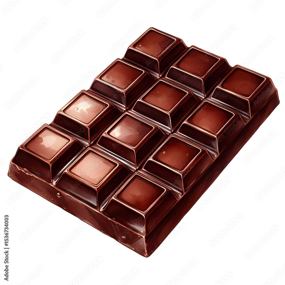 Obraz premium watercolor of a full chocolate bar with square segments. Rich dark brown tones with soft highlights on glossy surface.