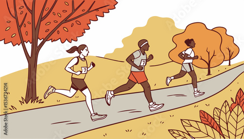 Happy runners challenge, jogging marathon, sprint in autumn. Joggers are rushing on road to success, win in competition. Diverse athletes are running in sport race in fall. Flat vector illustration   
