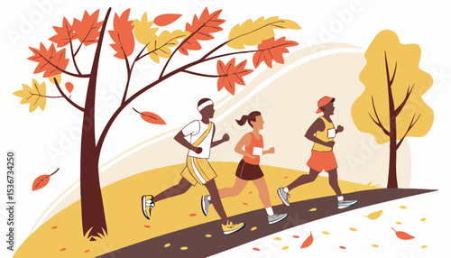 Happy runners challenge, jogging marathon, sprint in autumn. Joggers are rushing on road to success, win in competition. Diverse athletes are running in sport race in fall. Flat vector illustration   