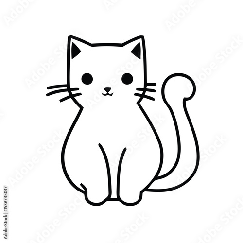 Cute Sitting Cat with Curled Tail and Round Eyes, Simple Black Line Vector Highlighting Whiskers, Calm Posture, and Feline Charm