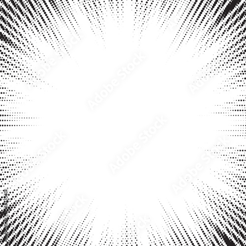 Halftone gradient sun rays pattern. Abstract halftone vector dots background. monochrome dots pattern. Vector background in comic book style with sunburst rays and halftone. Retro pop art design.
