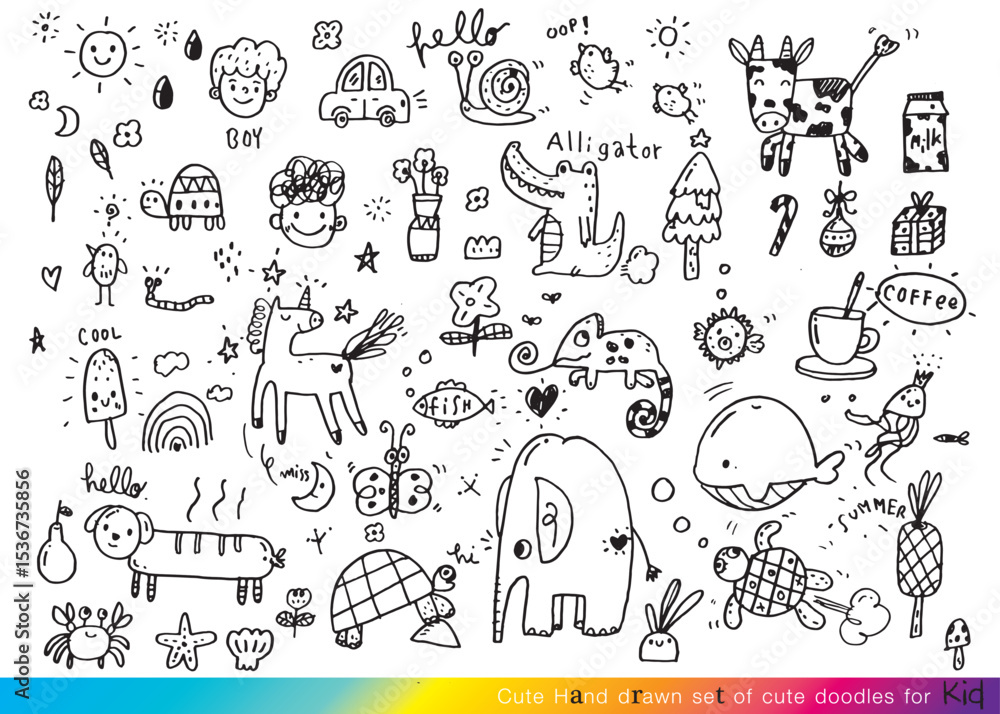 Obraz premium Collection of hand drawn cute doodles,Doodle children drawing,Sketch set of drawings in child style,Funny Doodle Hand Drawn,Page for coloring, cute animal hand drawn, cute Doodle
