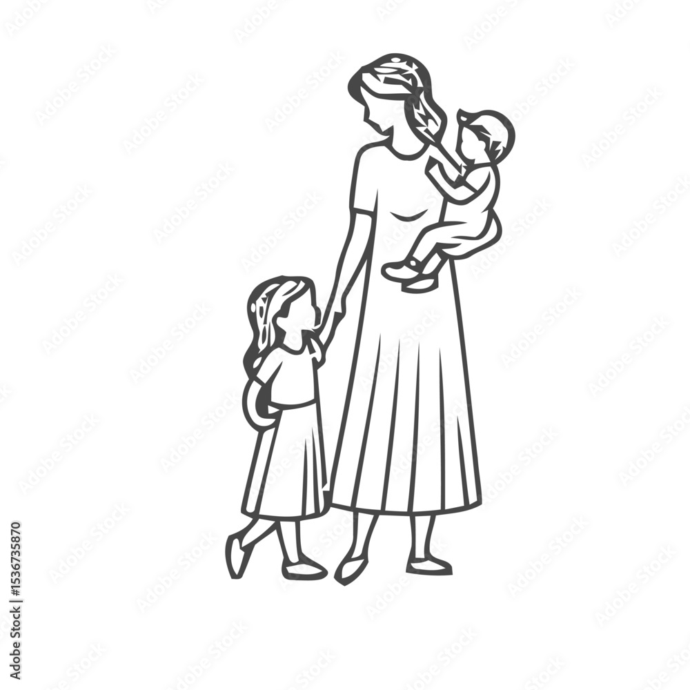 Woman Holding Baby and Girl’s Hand, Minimal Black Line Vector Depicting Motherhood, Family Bond, and Everyday Nurturing Woman Holding Baby and Girl’s Hand, Minimal Black Line Vector Depicting Motherhood, Family Bond, and Everyday Nurturing