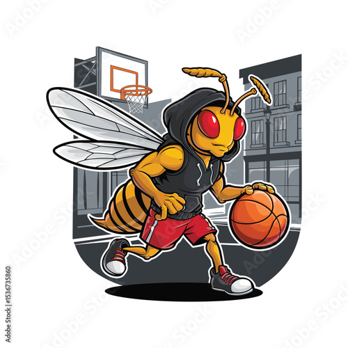 Cool Hornet Mascot Playing Basketball in Urban Street Court