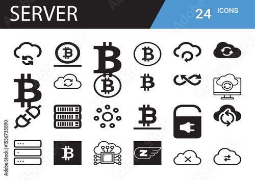 Server Icon Collection: A complete set of server vector icons symbolizing technology, connection, and digital networks.
