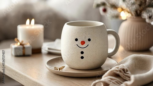 Wallpaper Mural Snowman mug resting on wooden table with blurred christmas lights creating a warm, festive atmosphere Torontodigital.ca