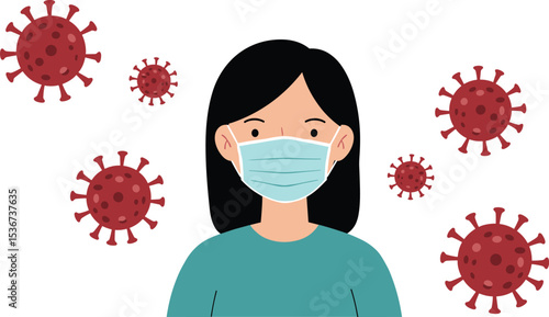  Woman wearing a protective face mask surrounded by floating virus particles, health, and safety concept, prevention, COVID-19, pandemic awareness.

flat vector illustrationv