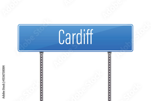 A blue street sign on metal poles displays the word Cardiff. The image is set against a white background, emphasizing the sign's color and simple design.  