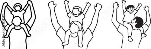 A heartwarming black and white illustration of a father giving his son a piggyback ride.