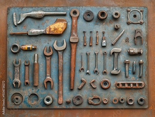 rusty metal tools, set of old tools on wood background, set of tools