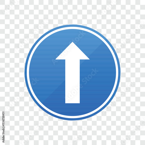 Road sign with a white arrow pointing straight ahead. It is inside a blue circle with a white outline, indicating to go in the direction of the arrow.