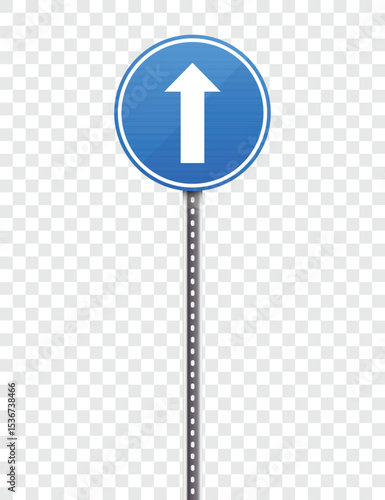 A road sign featuring a blue circle with a white arrow pointing upwards, placed on a pole with reflectors. The sign indicates drivers to proceed straight only.