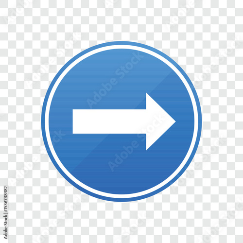 A blue circular sign with a clear white arrow pointing right against a transparent backdrop. It's a minimalistic and universally understood direction sign.