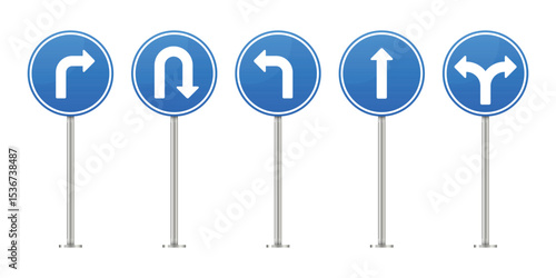 Five blue and white mandatory traffic signs, each mounted on a pole. They depict various directions and maneuvers like turning or continuing straight. 