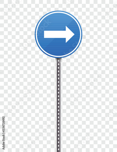 This image shows a blue circular road sign with a white arrow pointing right, placed on a gray pole, indicating directional instructions on a transparent background.