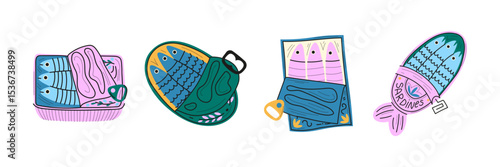 Cartoon Sardines Cans Set. Funny Doodle Fish Packaging Stickers Collection. Colorful Seafood Tin Labels. Doodle Sardine Cans Vector Set. Hand Drawn Colorful Fish Funny Sardine Tin Cans. Tuna, salmon, 