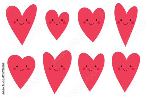 A delightful assortment of eight cartoon heart shapes, each uniquely designed with cheerful expressions. The hearts are pink and set against a plain white backdrop.