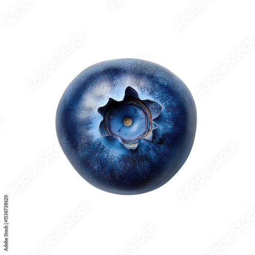 Overhead view of a single ripe blueberry on black background