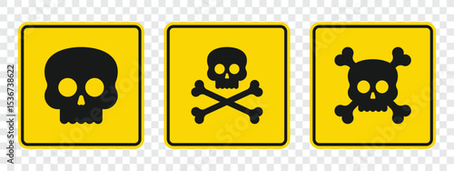 Three yellow square signs featuring variations of the skull and crossbones symbol. They warn of potential hazards. Each sign offers a slight modification of the skull emblem.