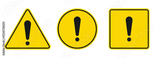 Three yellow-colored signs in different shapes depict warning symbols. The shapes are a triangle, a circle, and a square, each containing a black exclamation point symbol.