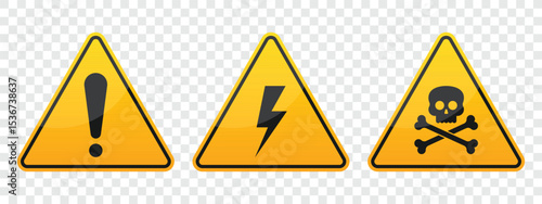 Three yellow warning signs with black borders displayed against a translucent background. The left sign has an exclamation point, the middle a lightning bolt, and the right a skull.