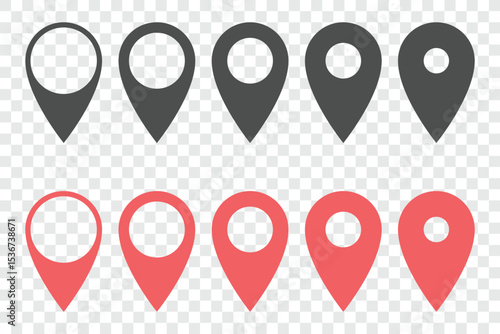 The image shows two rows of location icons, in grey and red. They look like stylized map pins or markers on a transparent background. Pointing downward, navigation concept.