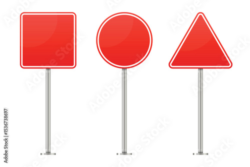 A clean, minimalist image showcasing three red signs of different shapes: a square, a circle, and a triangle, each mounted on a metal post against a white backdrop.