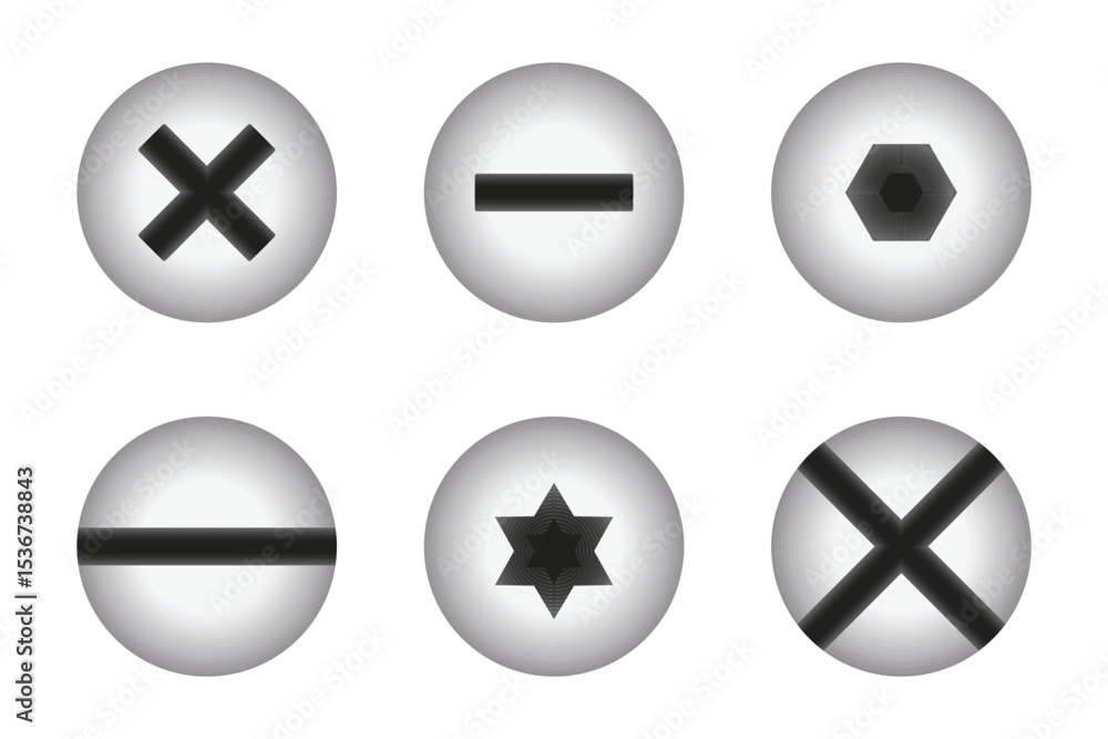 This image displays an assortment of screw head designs, commonly utilized in fastening applications. Each screw head type offers distinct advantages for different purposes. This image displays an assortment of screw head designs, commonly utilized in fastening applications. Each screw head type offers distinct advantages for different purposes.