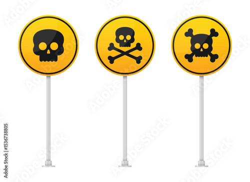 Three yellow circular warning signs with black skull and crossbones symbols stand side-by-side, mounted on metal poles against a white background, indicating danger or hazard.