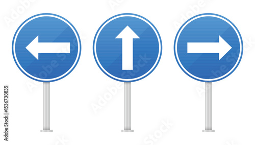 Three blue circular directional signs indicate left, straight, and right directions. These arrow signs provide clear guidance. Essential for navigation and wayfinding.