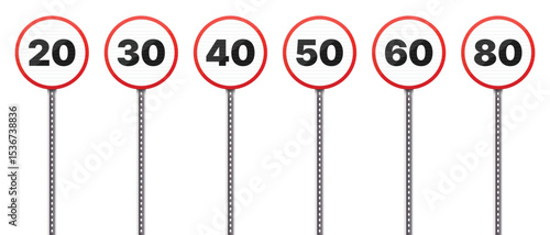 A row of speed limit signs, ranging from 20 to 80, stands against a white background. Each circular sign has a red border and displays a numerical speed limit.