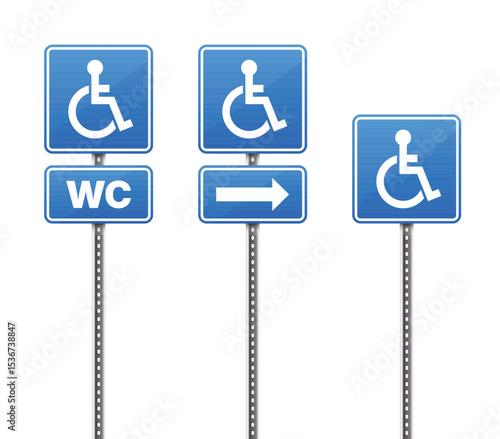 Three blue signs stand side-by-side on posts. Each sign guides viewers. The left shows handicap access and bathroom direction. The middle shows handicap access with an arrow. The right shows access.