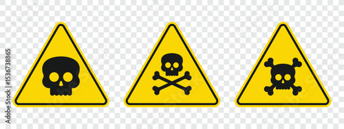 Three yellow, triangular hazard signs with skull and crossbones icons alerting to possible dangerous or poisonous substances and the need for caution in the area. 