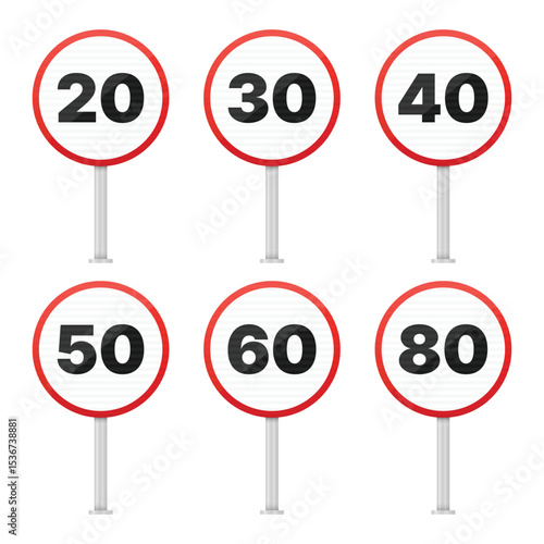 A collection of six white circular traffic speed limit signs, each displaying different maximum speeds in black numbers, ranging from 20 to 80, atop metal poles.