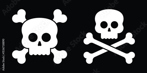 A stark black background hosts two stylized white skull and crossbones icons, evoking themes of danger and adventure in a minimalist graphic design style.