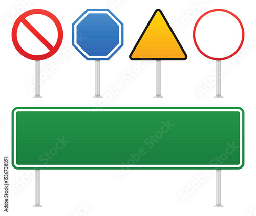 An array of traffic signs in various shapes and colors stands against a white background. Including prohibition, octagon regulatory sign, hazard, and green sign.
